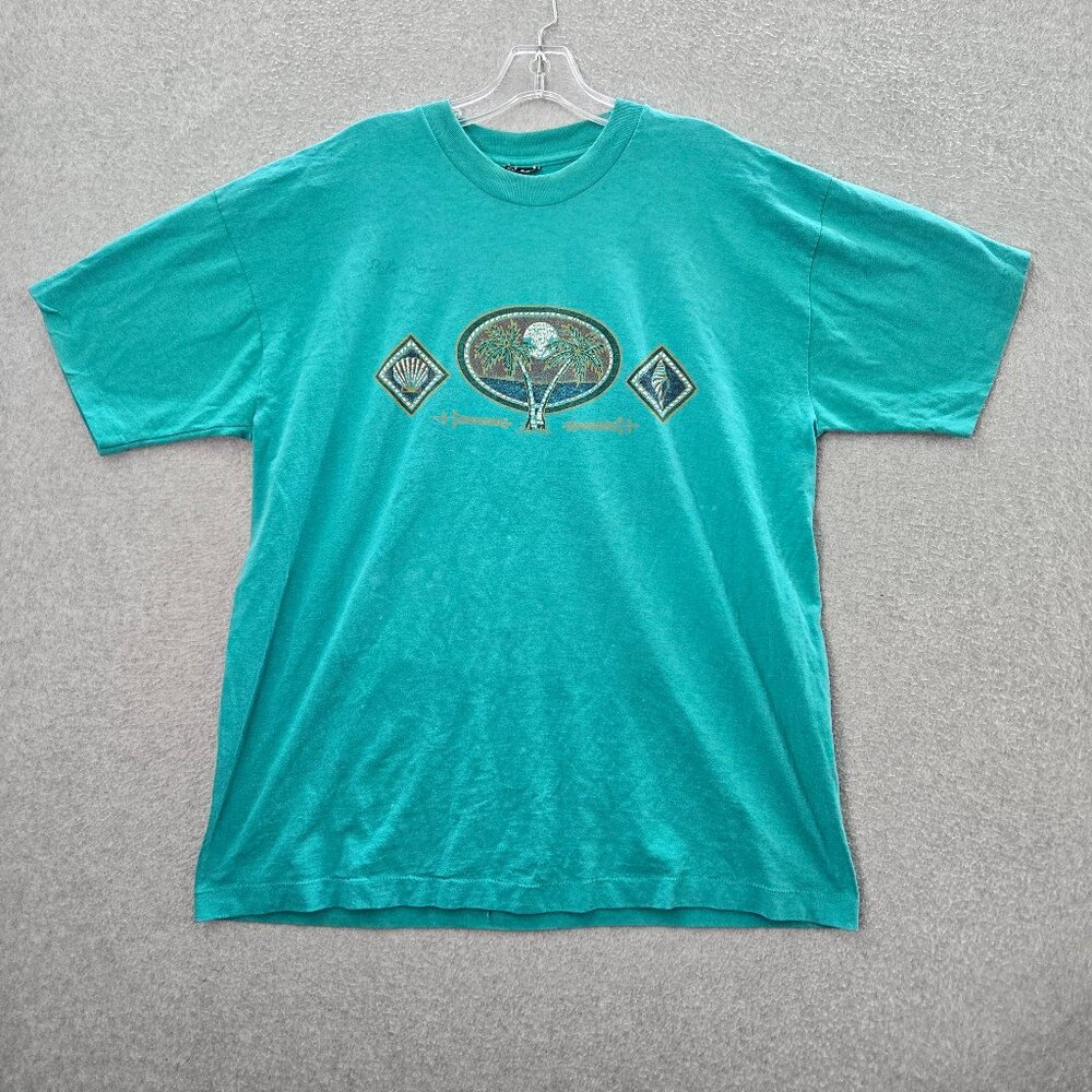 VINTAGE Palm Springs Men Shirt XL Blue Single Stitch Seashell Palm Tree 90s READ